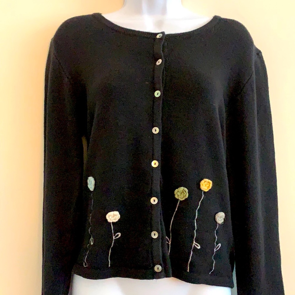 Red paint embroidered black and floral cardigan